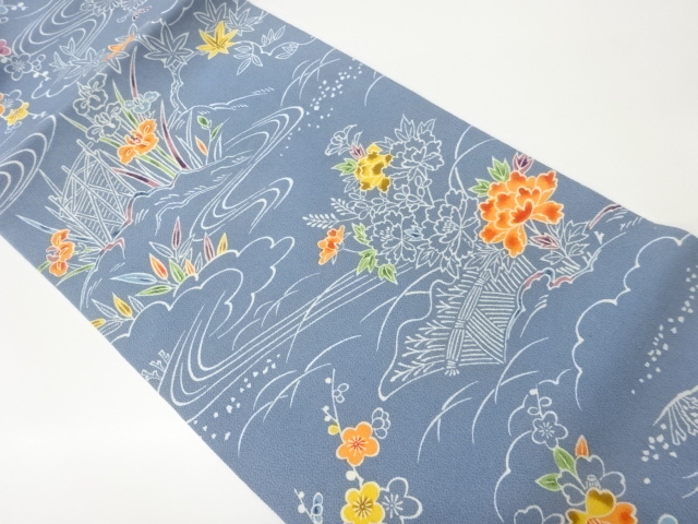 縮緬地柴垣に流水・草花模様名古屋帯